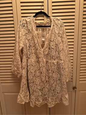 LOFT Cream Lace Tunic with V-Neck Tie